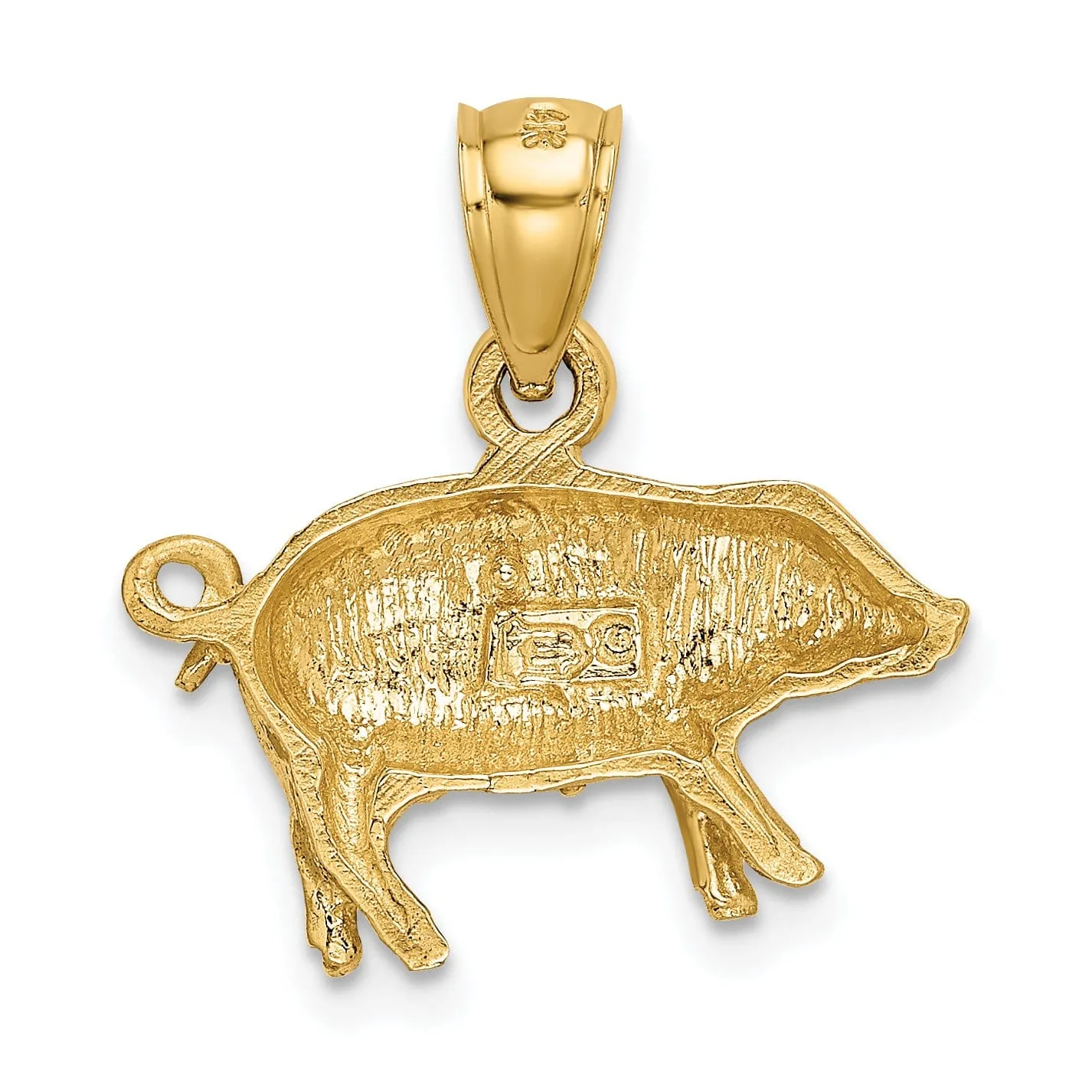 14K Yellow Gold Open Back Brushed Diamond Cut Finish Solid Pig Charm Pendant