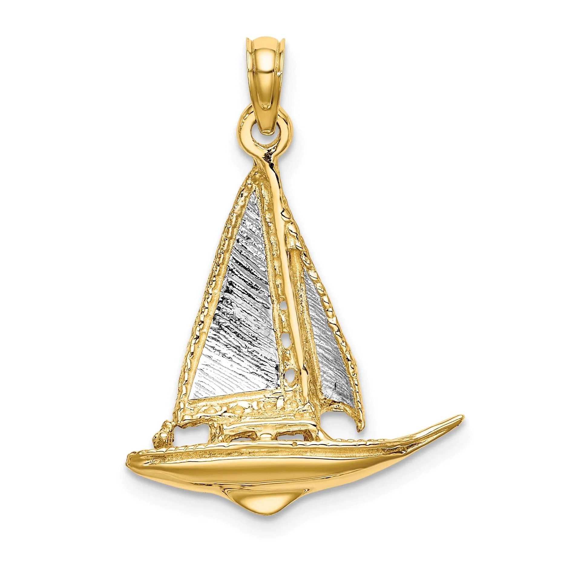 14K Yellow Gold Rhodium 3-Dimensional Texture Polished Finished Sailboat Charm Pendant