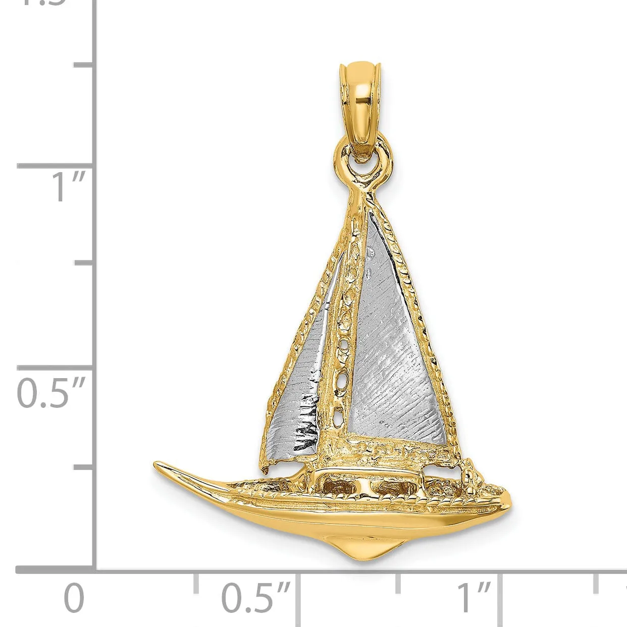 14K Yellow Gold Rhodium 3-Dimensional Texture Polished Finished Sailboat Charm Pendant