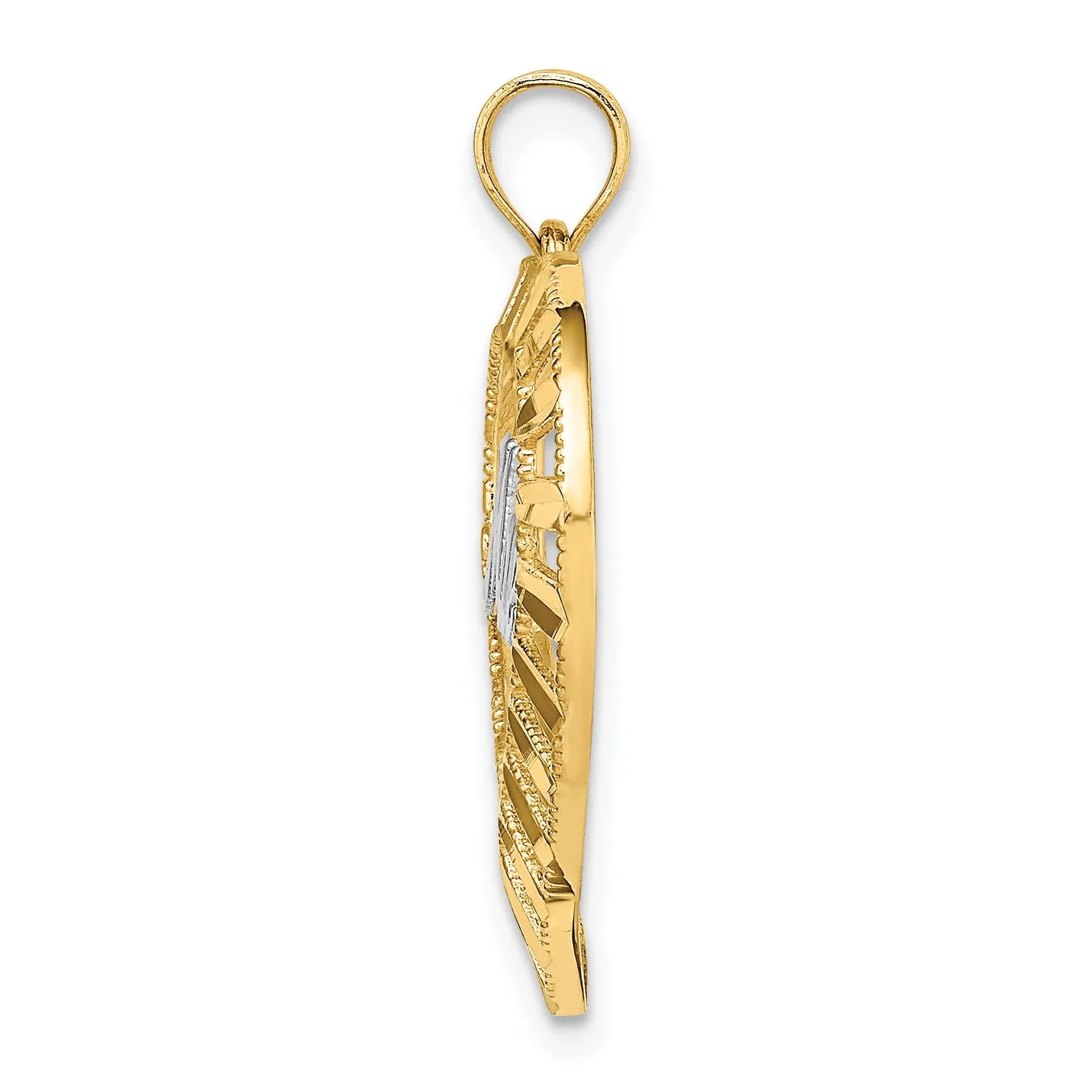 14k Yellow Gold, White Rhodium Textured Diamond Cut Polished Finish MADRE in Heart Design Charm Pendant