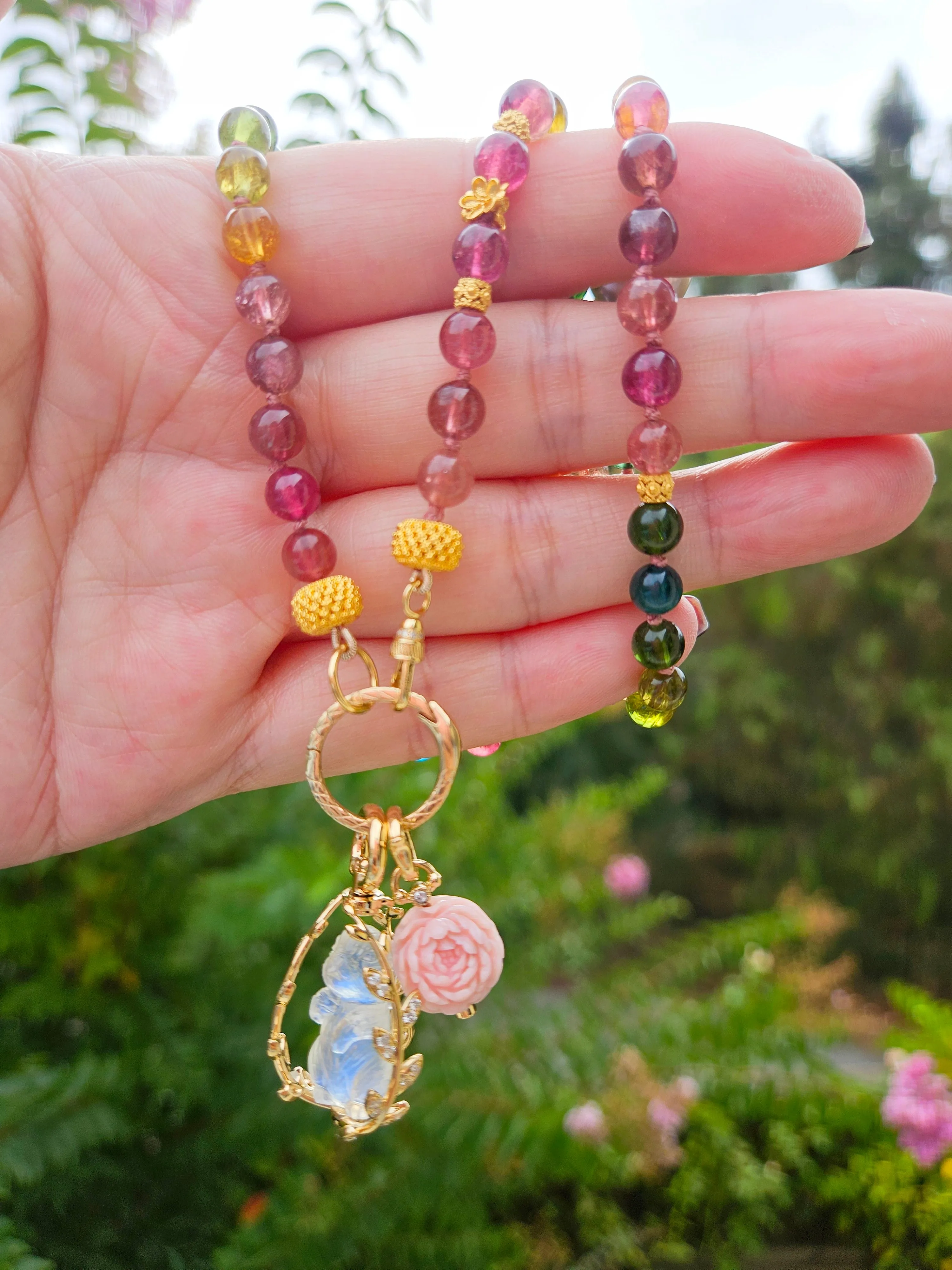 18k Gold Rainbow Moonstone Handcarved Bunny Diamond Amulet Pendant