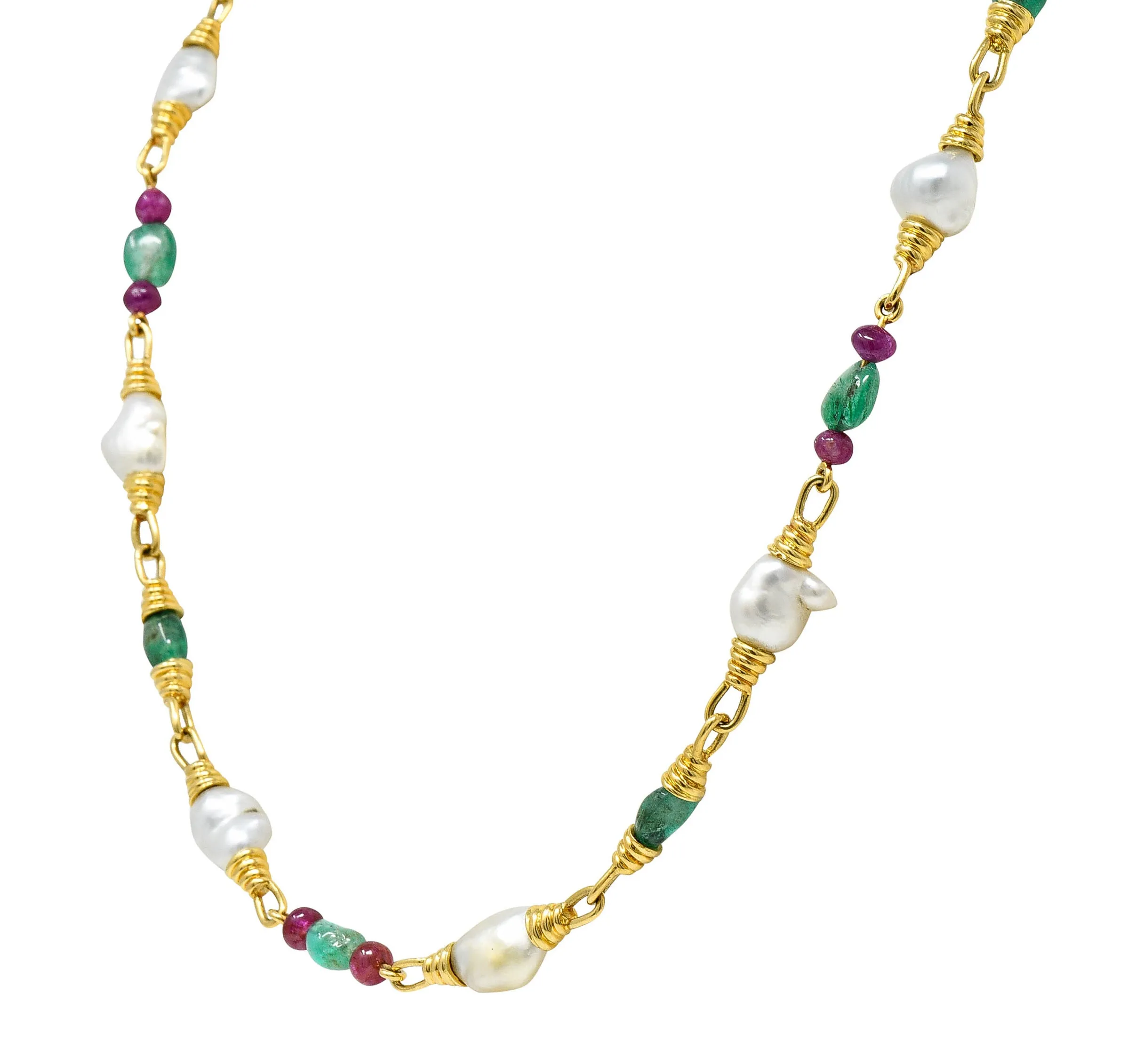1970's David Webb Baroque Pearl Ruby Emerald 18 Karat Gold Gemstone Necklace