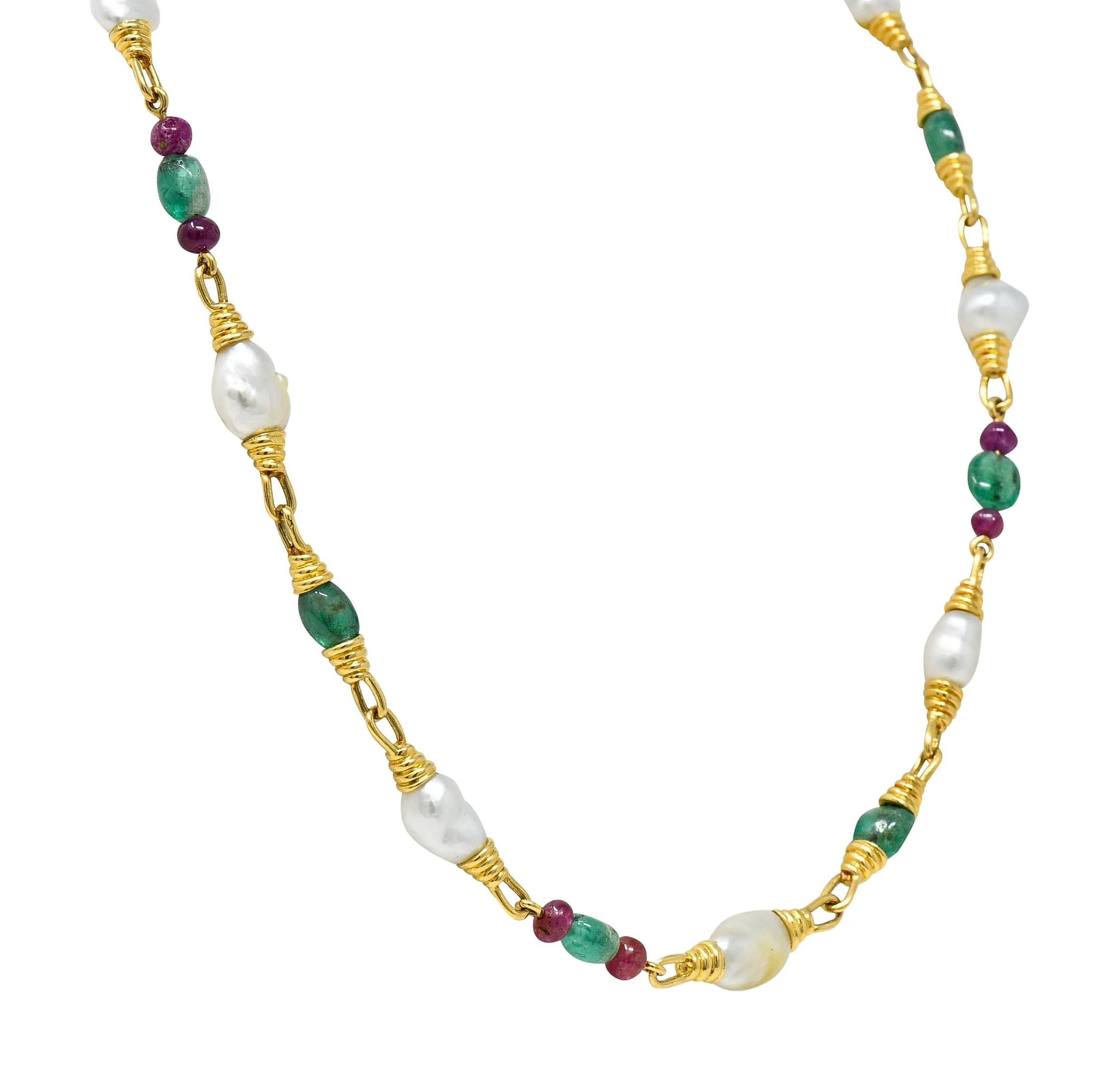 1970's David Webb Baroque Pearl Ruby Emerald 18 Karat Gold Gemstone Necklace