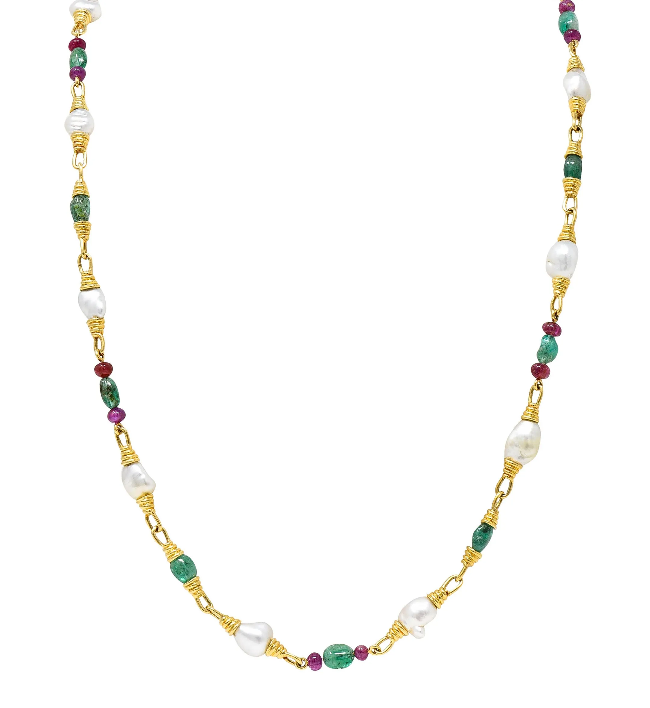 1970's David Webb Baroque Pearl Ruby Emerald 18 Karat Gold Gemstone Necklace