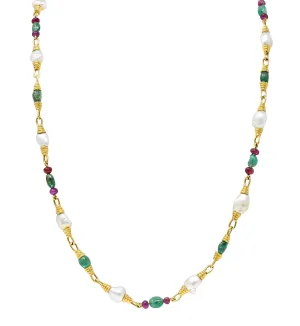 1970's David Webb Baroque Pearl Ruby Emerald 18 Karat Gold Gemstone Necklace