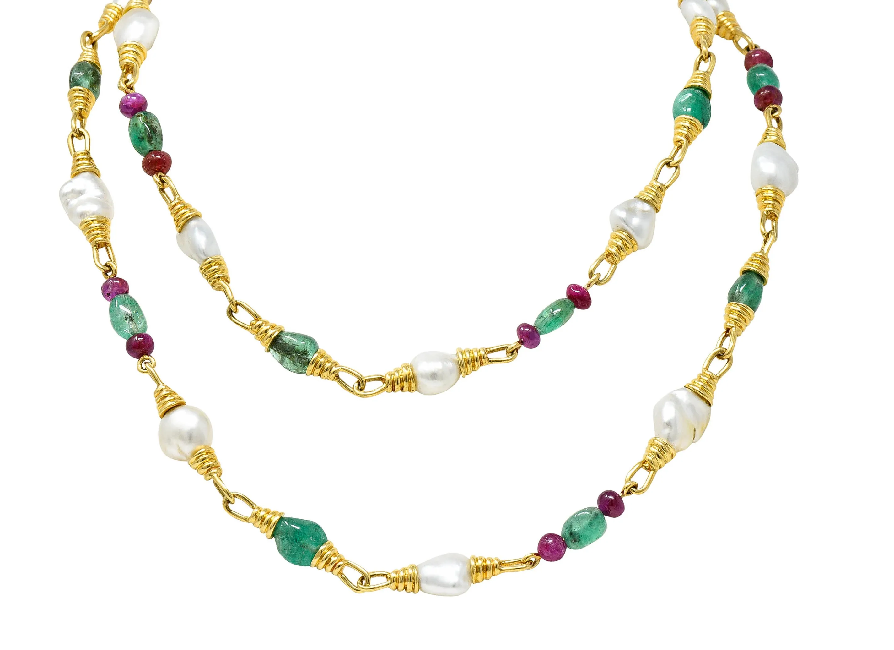 1970's David Webb Baroque Pearl Ruby Emerald 18 Karat Gold Gemstone Necklace