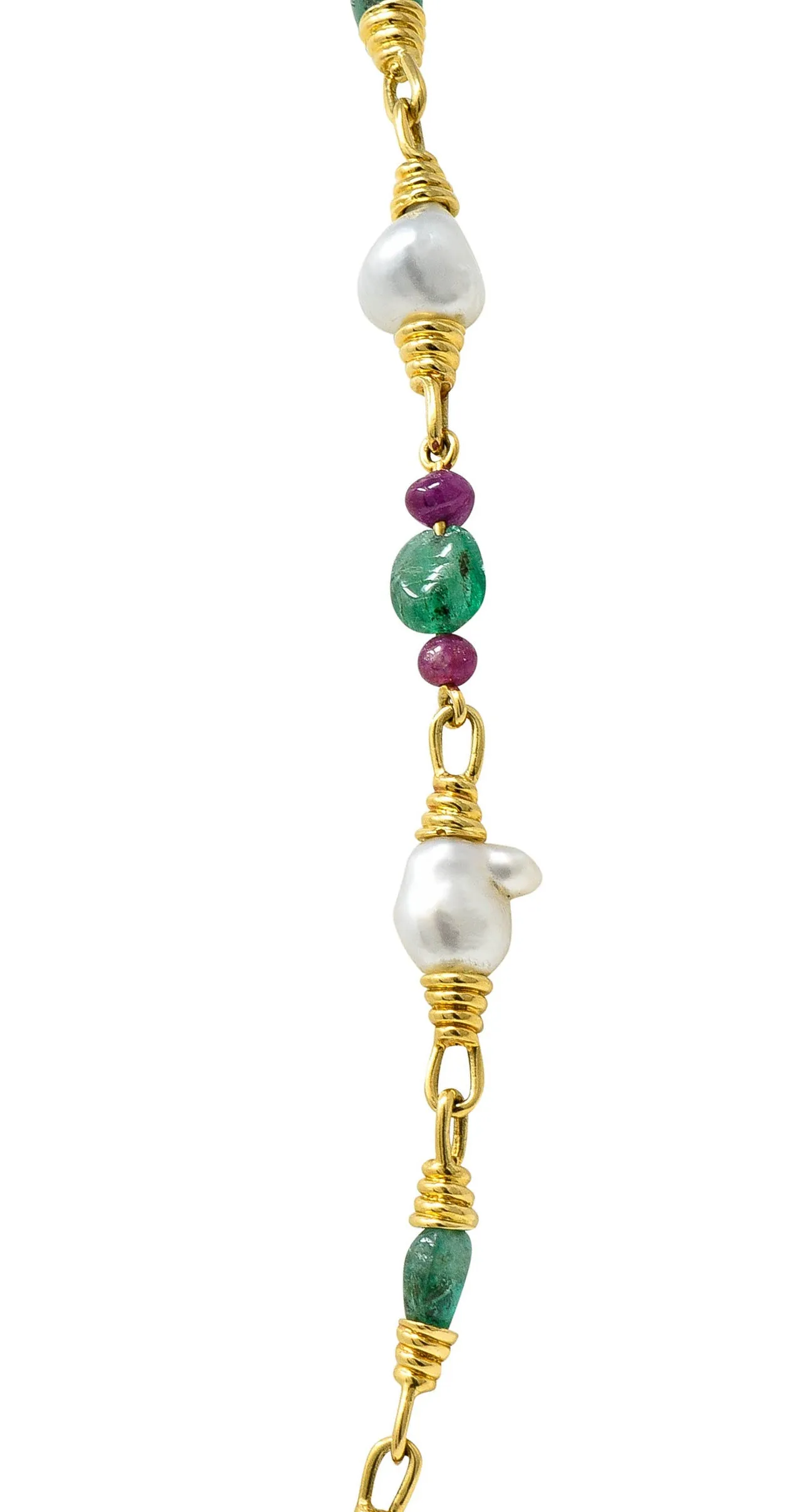 1970's David Webb Baroque Pearl Ruby Emerald 18 Karat Gold Gemstone Necklace