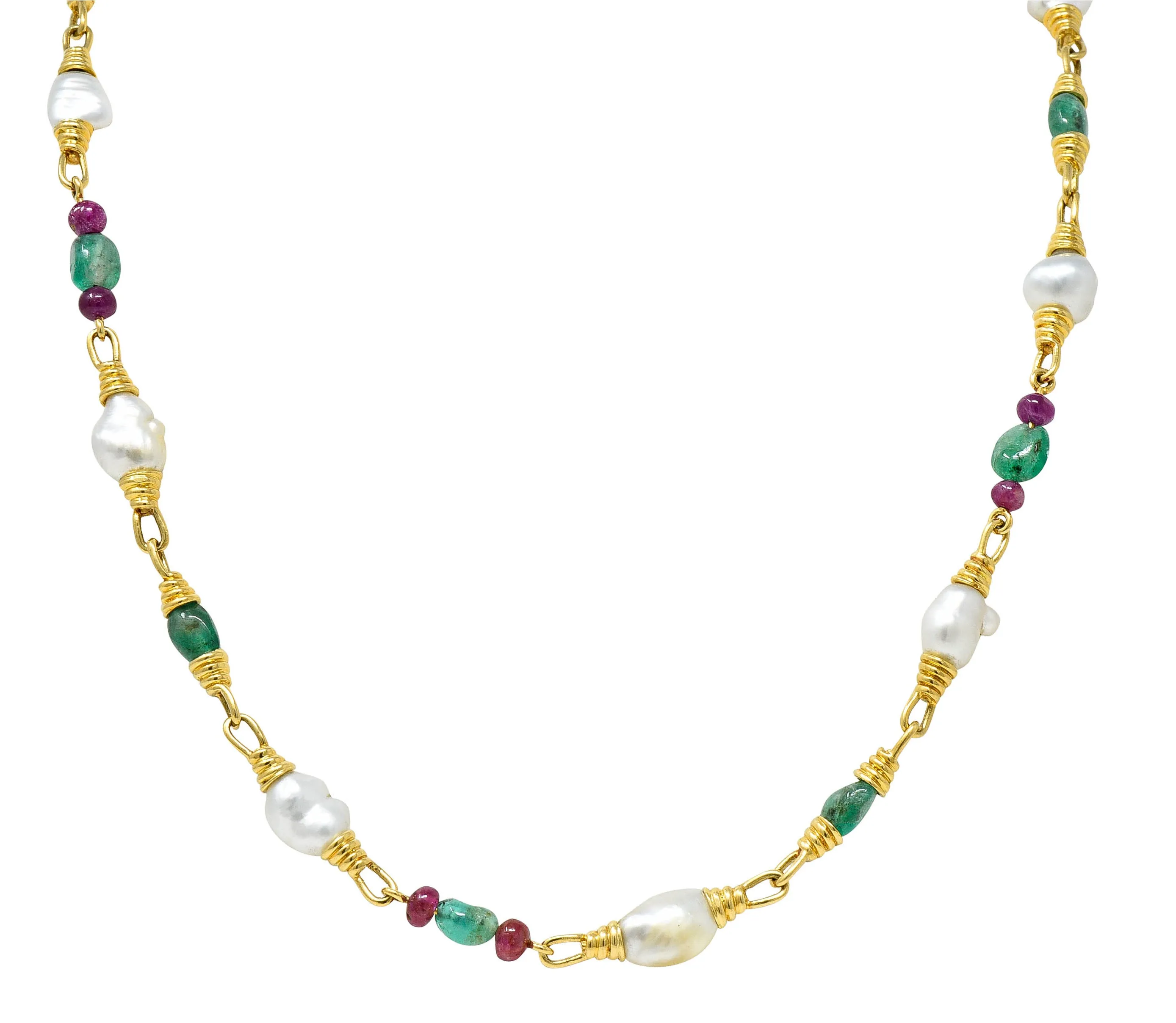1970's David Webb Baroque Pearl Ruby Emerald 18 Karat Gold Gemstone Necklace