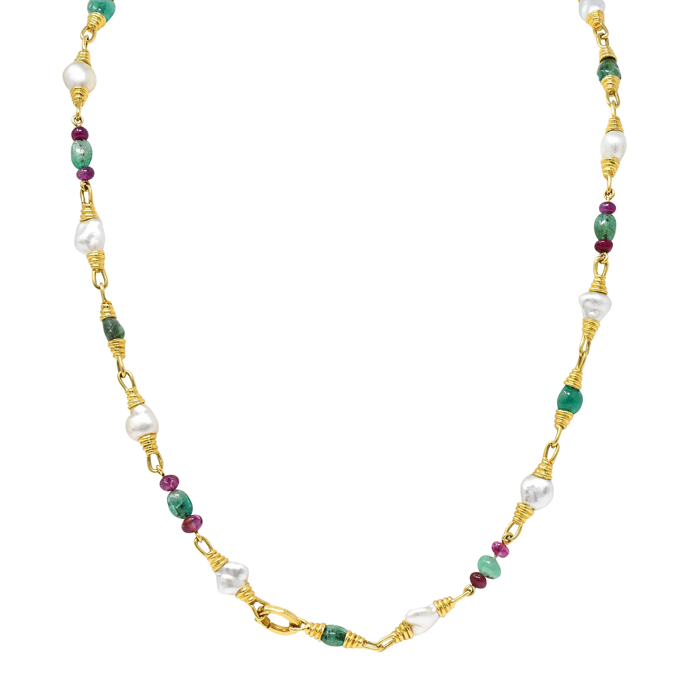1970's David Webb Baroque Pearl Ruby Emerald 18 Karat Gold Gemstone Necklace
