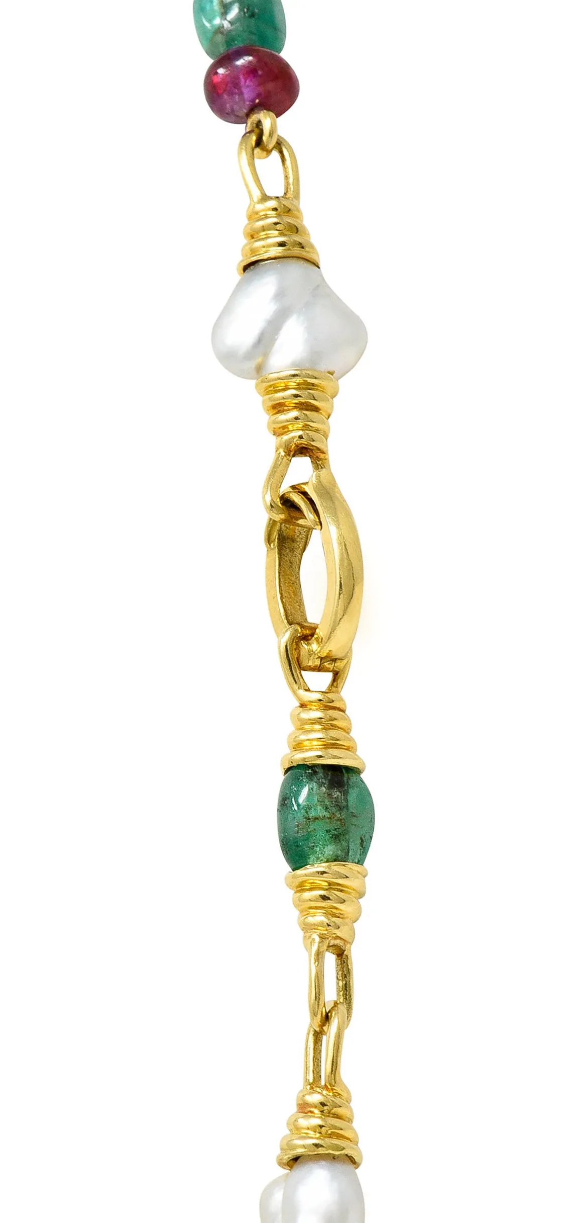 1970's David Webb Baroque Pearl Ruby Emerald 18 Karat Gold Gemstone Necklace