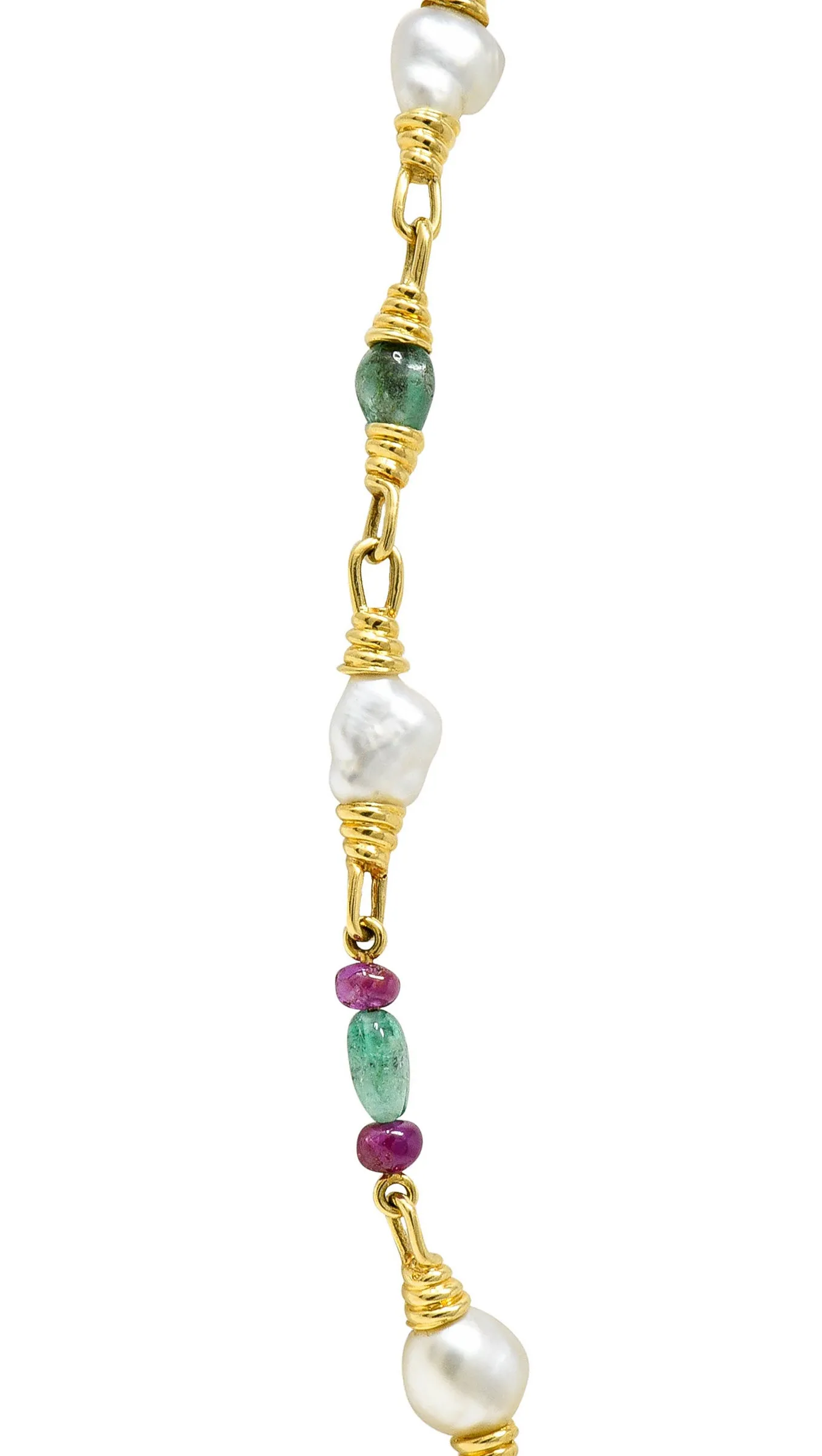 1970's David Webb Baroque Pearl Ruby Emerald 18 Karat Gold Gemstone Necklace