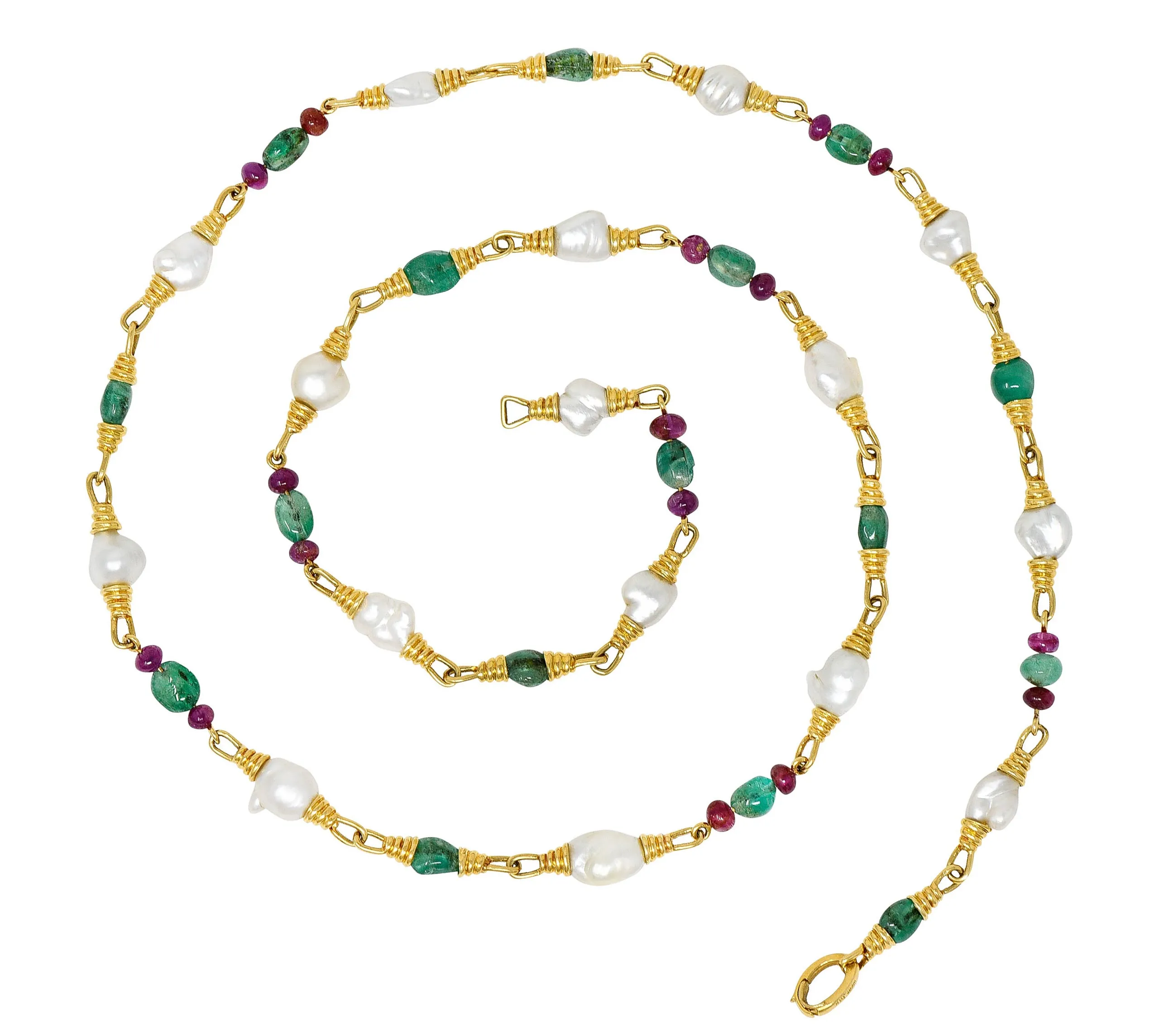 1970's David Webb Baroque Pearl Ruby Emerald 18 Karat Gold Gemstone Necklace