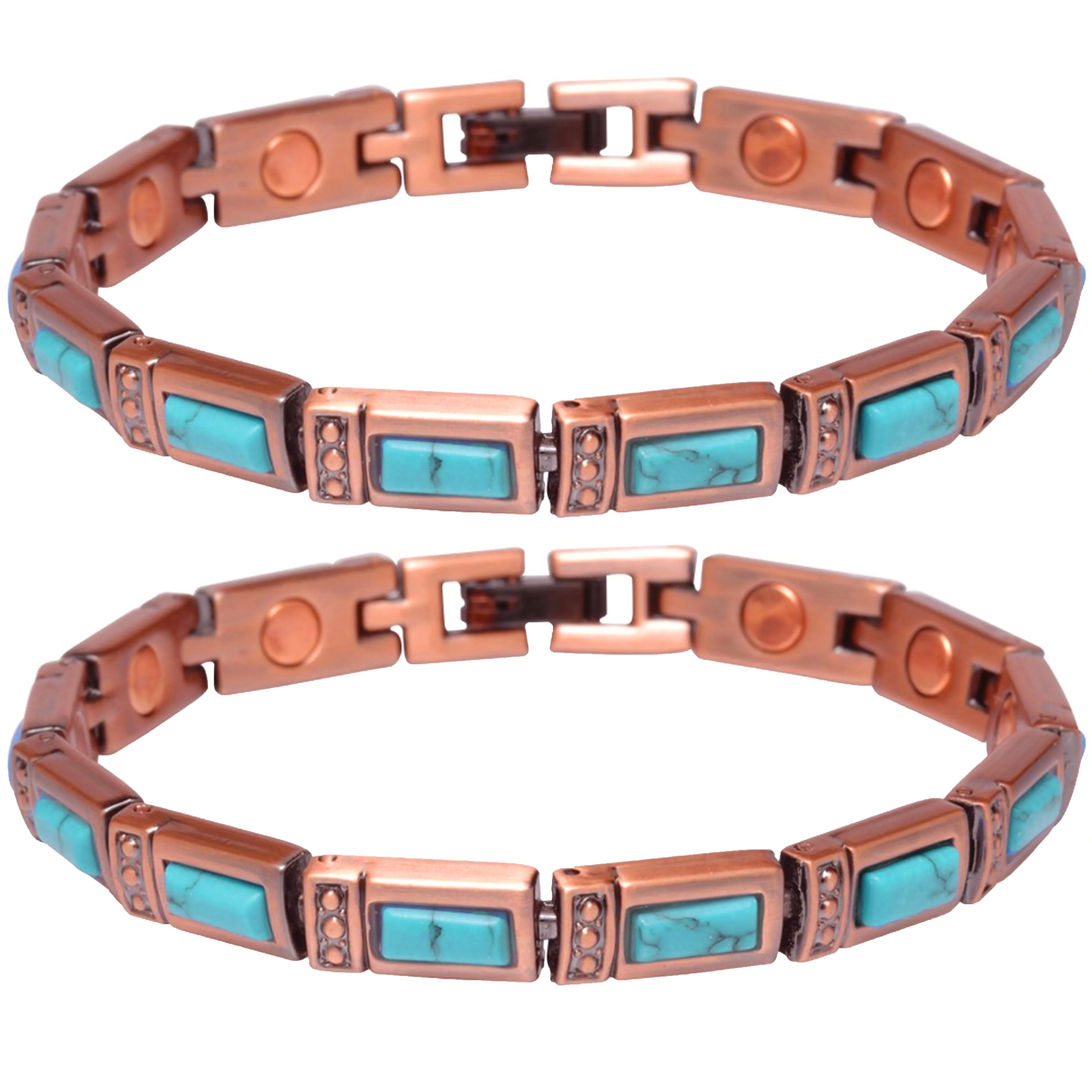 2 Pack Turquoise Stone Magnetic Copper Link Bracelet Crystal Healing Relief Gift