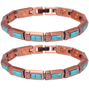 2 Pack Turquoise Stone Magnetic Copper Link Bracelet Crystal Healing Relief Gift