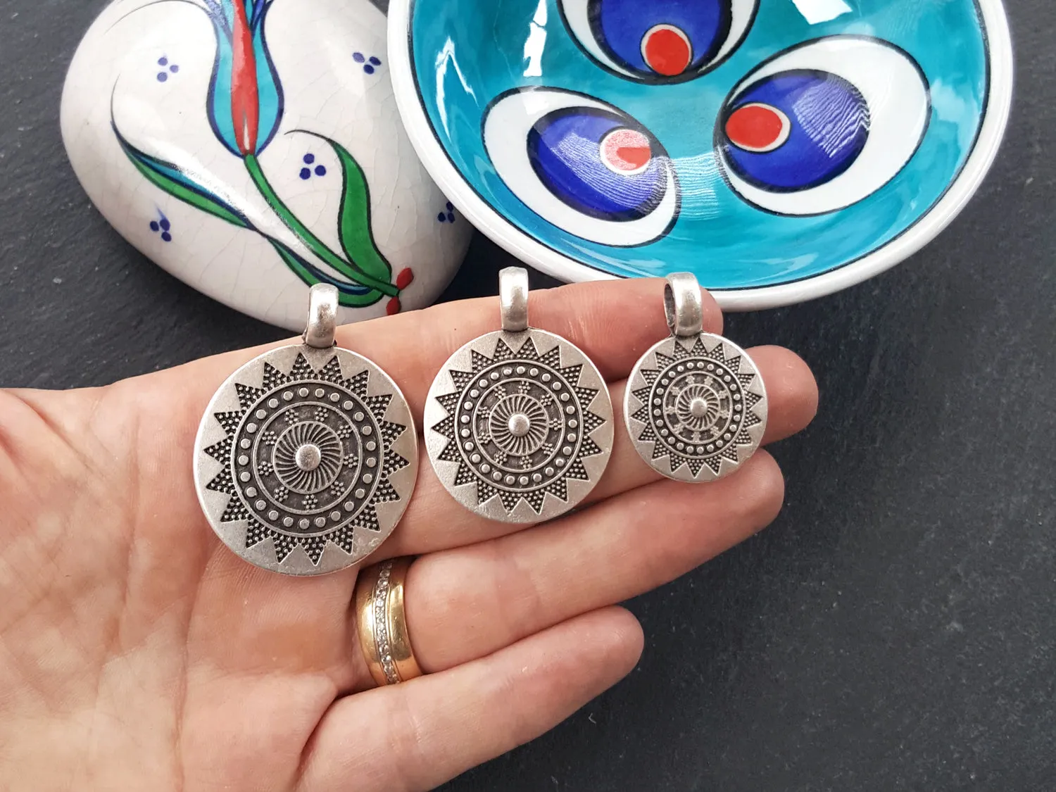 2 Small Ethnic Sun Mandala Round Disc Pendants with Side Facing - Matte Antique Silver Plated