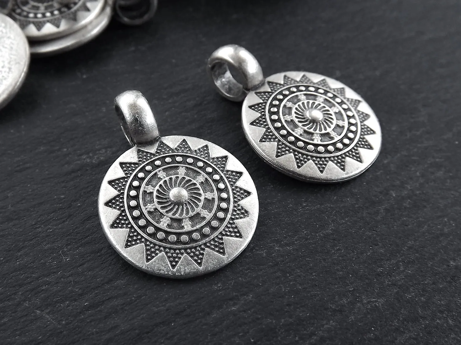 2 Small Ethnic Sun Mandala Round Disc Pendants with Side Facing - Matte Antique Silver Plated