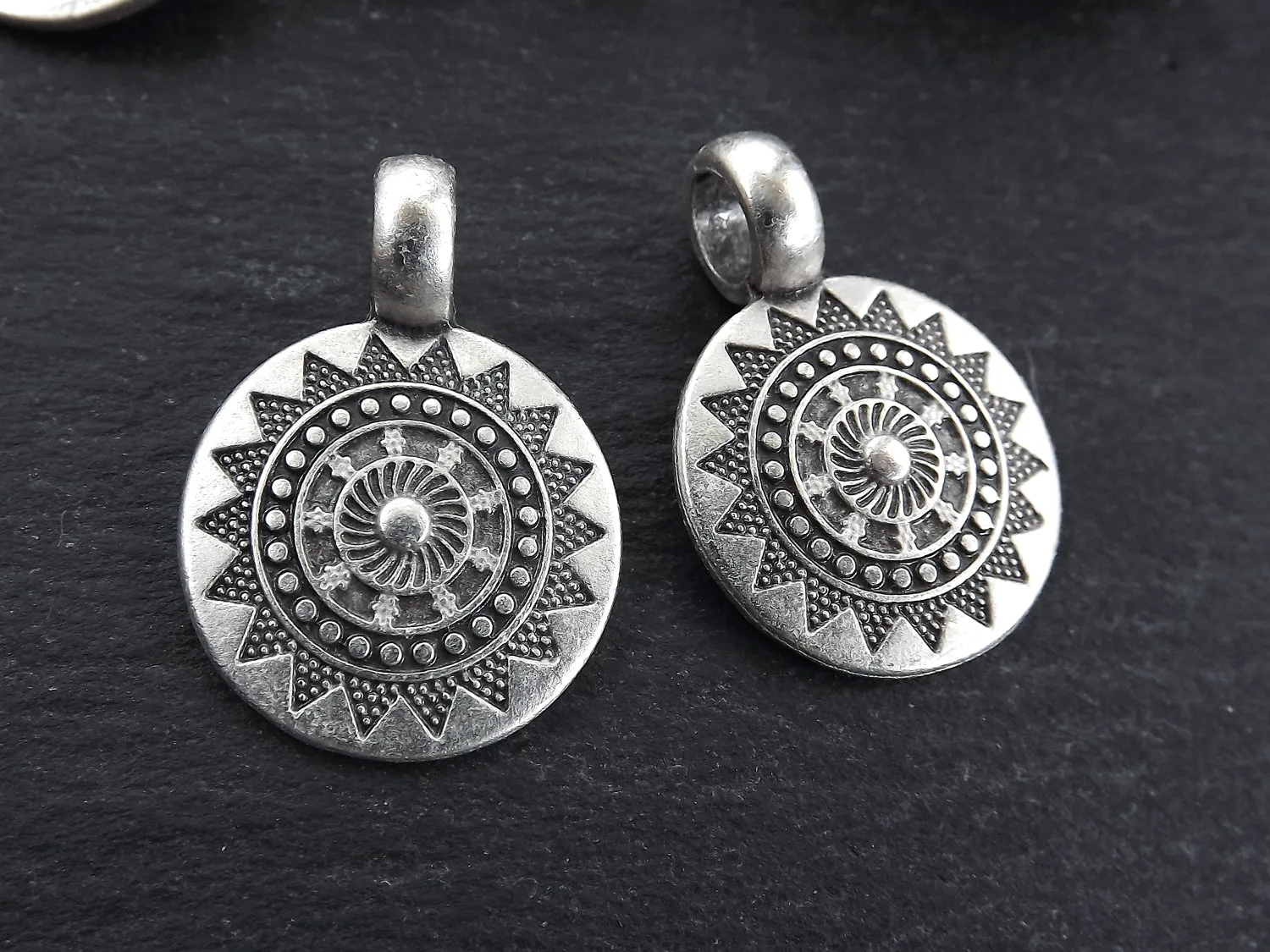 2 Small Ethnic Sun Mandala Round Disc Pendants with Side Facing - Matte Antique Silver Plated