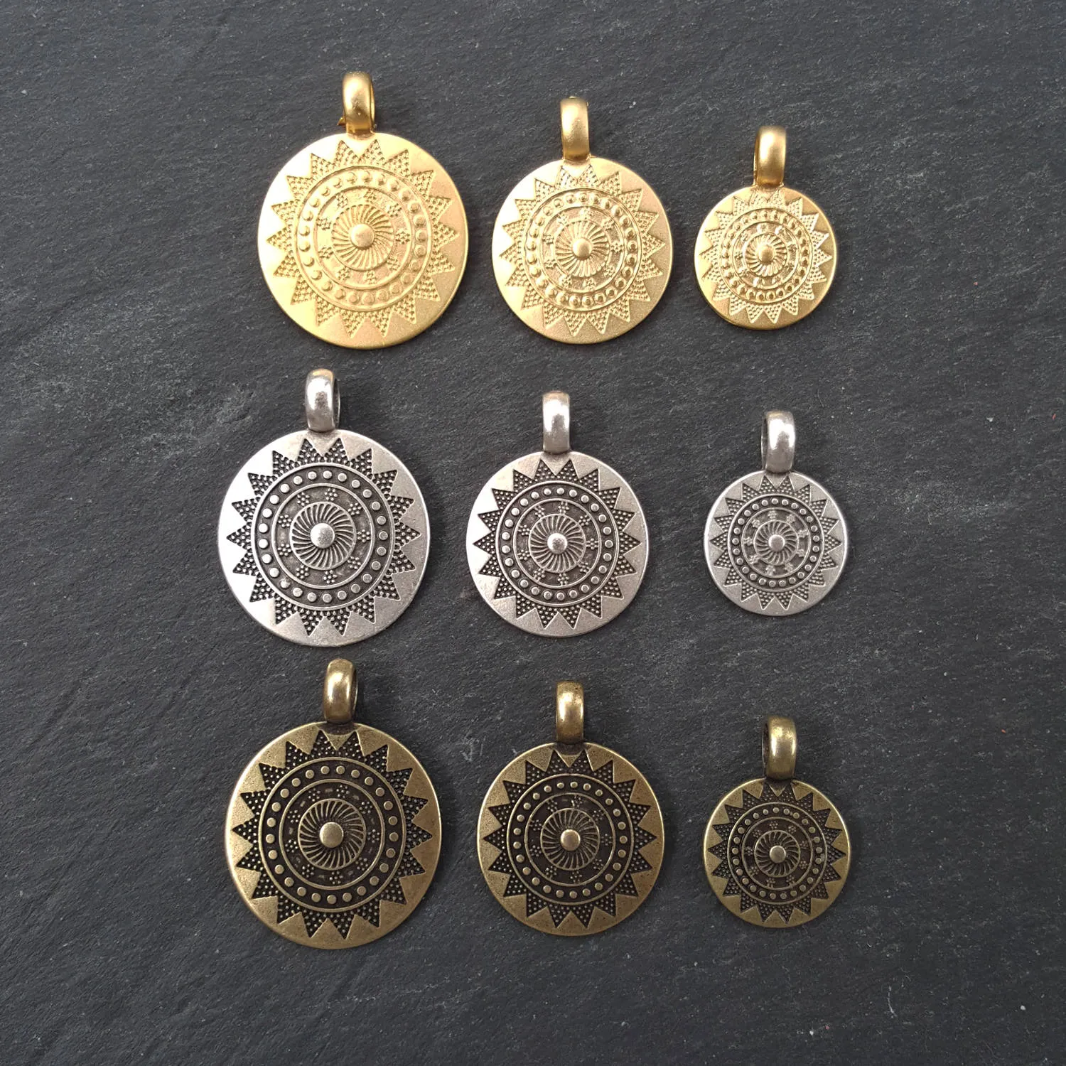 2 Small Ethnic Sun Mandala Round Disc Pendants with Side Facing - Matte Antique Silver Plated