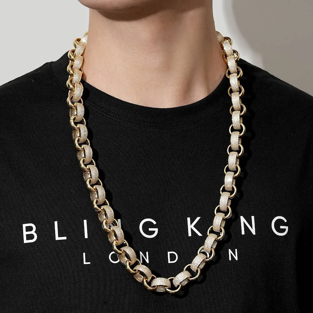 20mm Gold Belcher Chain with Stones & Albert Clasp 30 Inch