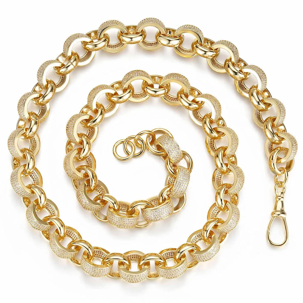 20mm Gold Belcher Chain with Stones & Albert Clasp 30 Inch