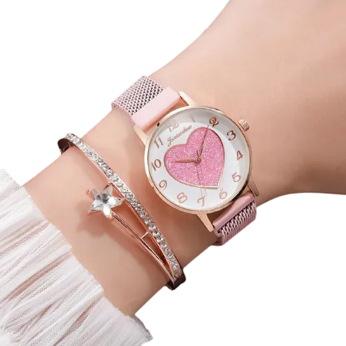 2pc Women Love Buckle Wristwatch Magnet Bracelets Sets