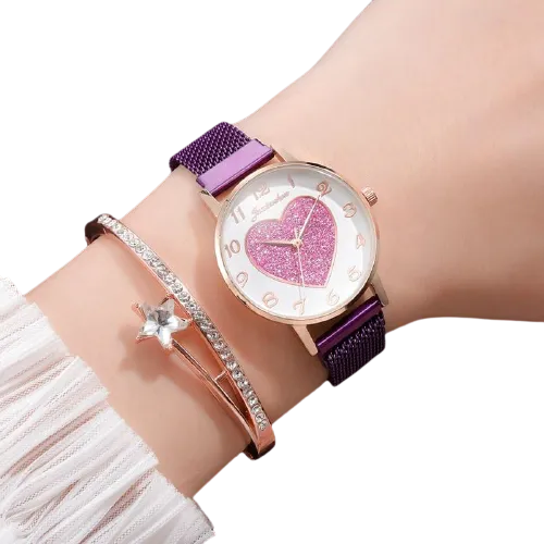 2pc Women Love Buckle Wristwatch Magnet Bracelets Sets