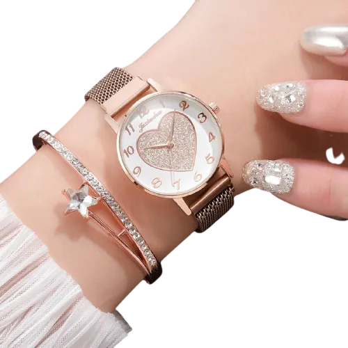 2pc Women Love Buckle Wristwatch Magnet Bracelets Sets