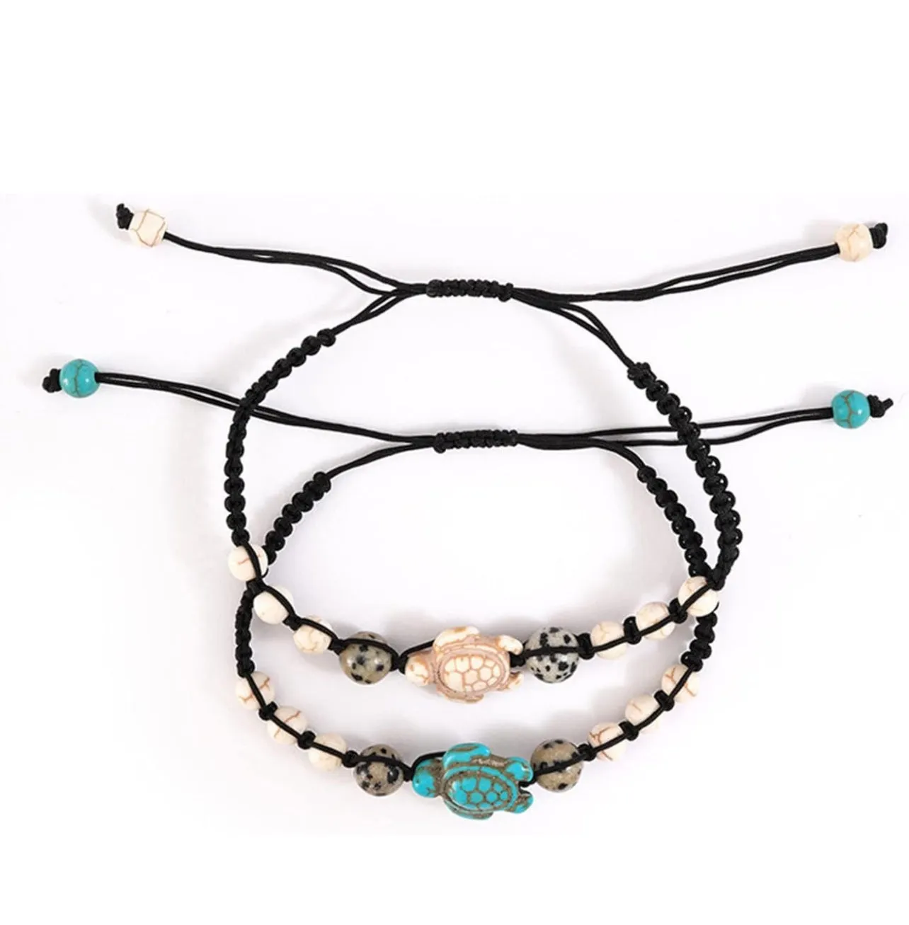 2Pcs Sea Turtle Natural Stone Beaded Bracelet Set Lava Stone Turquoise Stretchy Elastic Bracelet for Women Men Boy Girl Summer Beach Bracelet Meditation Beaded Bracelet Animal Jewelry Gift