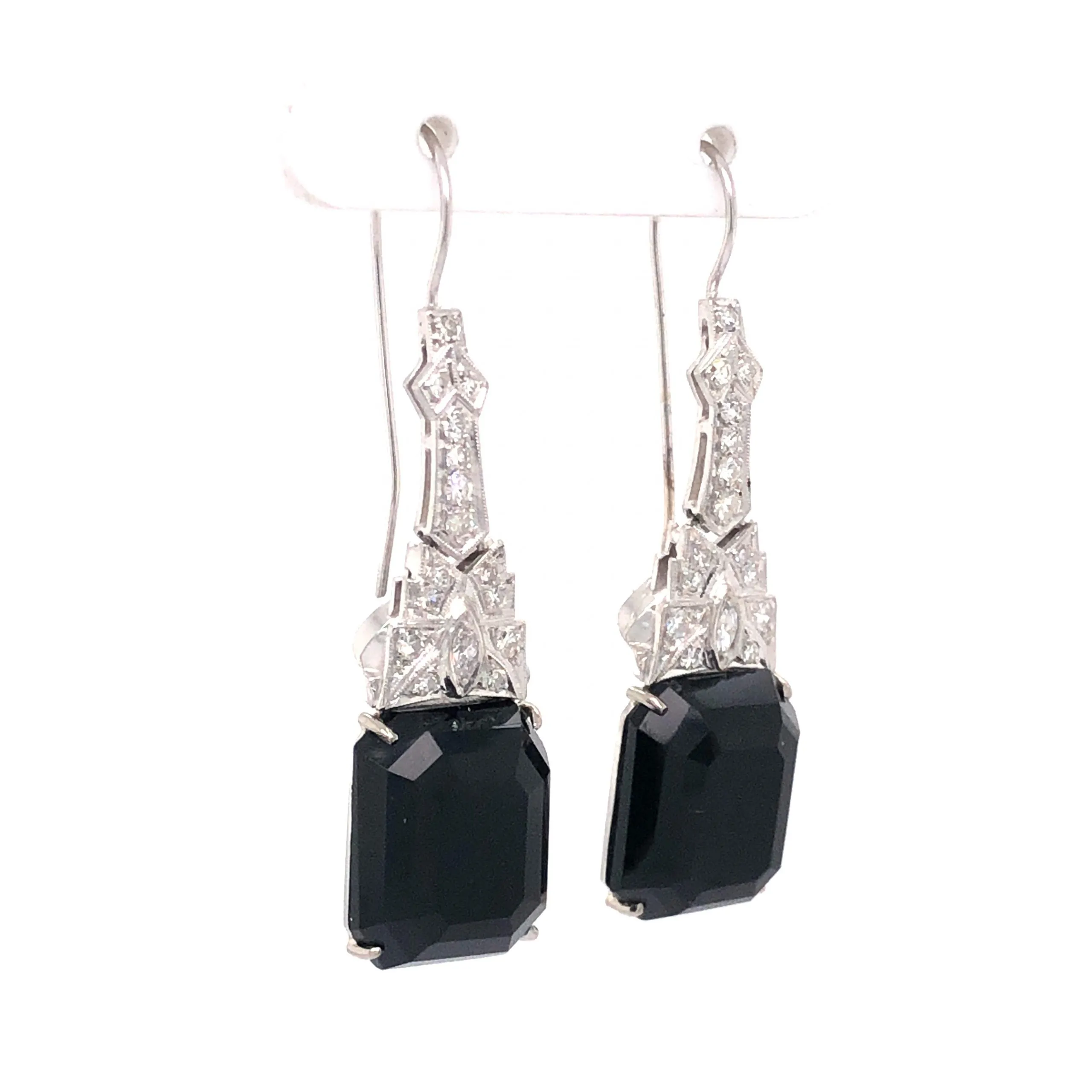 .62 Art Deco Diamond & Onyx Drop Earrings in Platinum