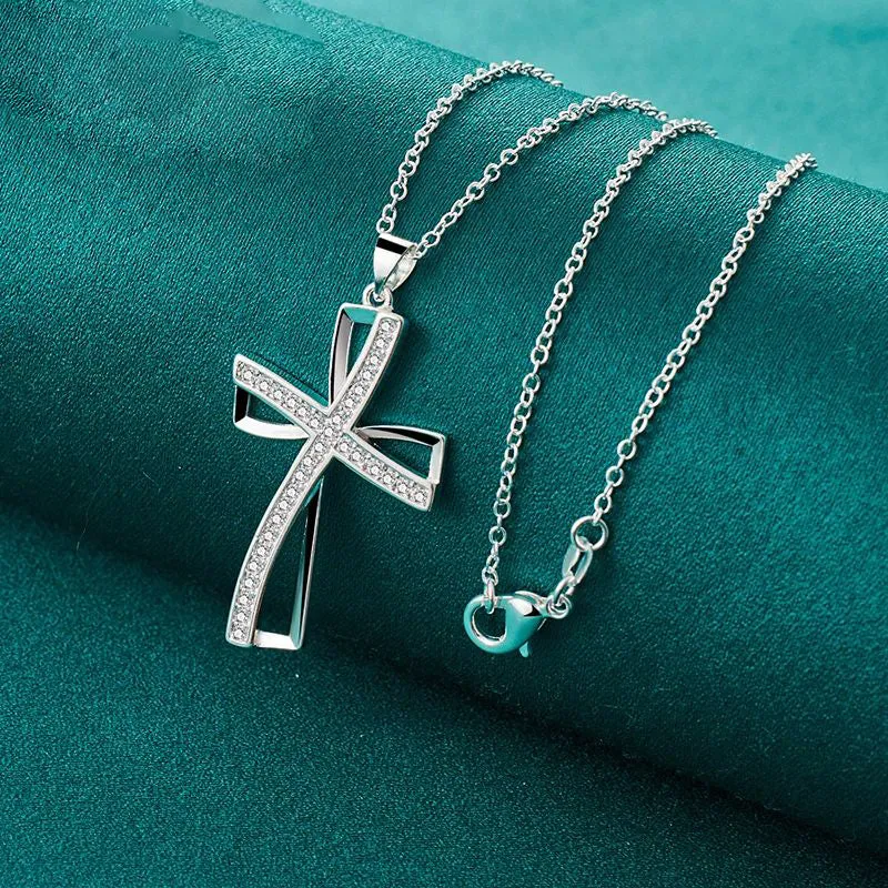 .925 Sterling Silver 16 Inch Chain Cross AAA Zircon Pendant
