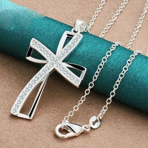 .925 Sterling Silver 16 Inch Chain Cross AAA Zircon Pendant