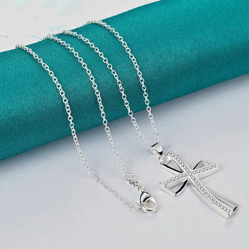 .925 Sterling Silver 16 Inch Chain Cross AAA Zircon Pendant