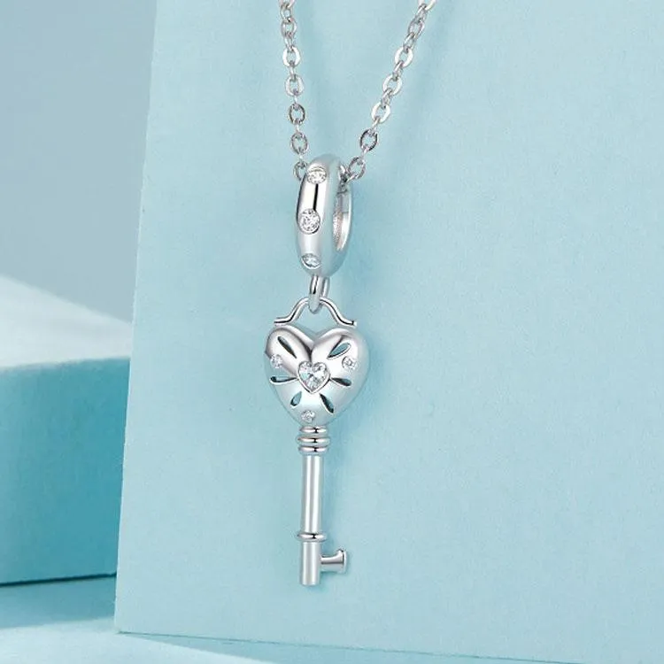 925 Sterling Silver Platinum Plated Heart Key Beaded Pendant