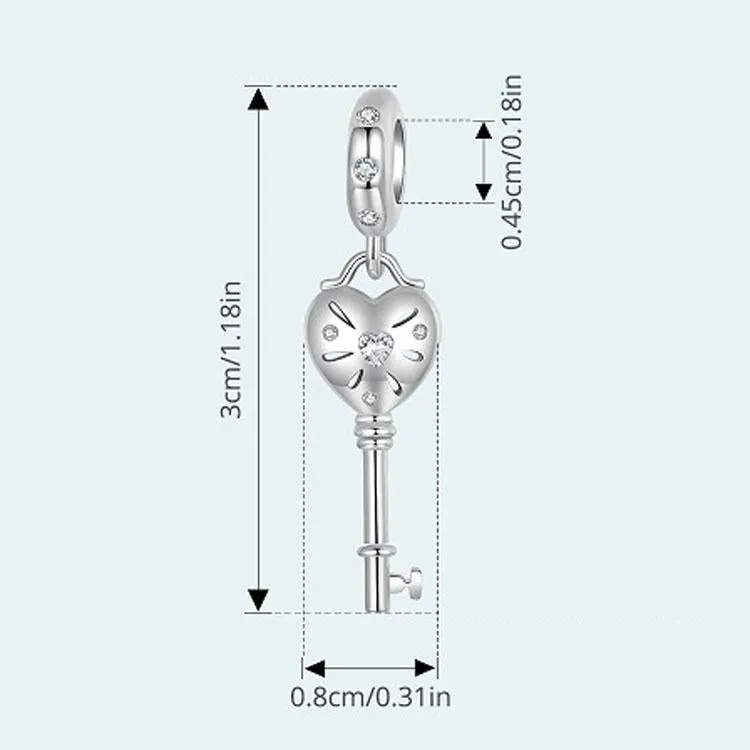 925 Sterling Silver Platinum Plated Heart Key Beaded Pendant