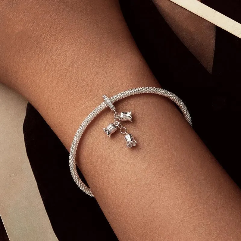 925 Sterling Silver Platinum Plated Lily Of The Valley Bracelet Pendant