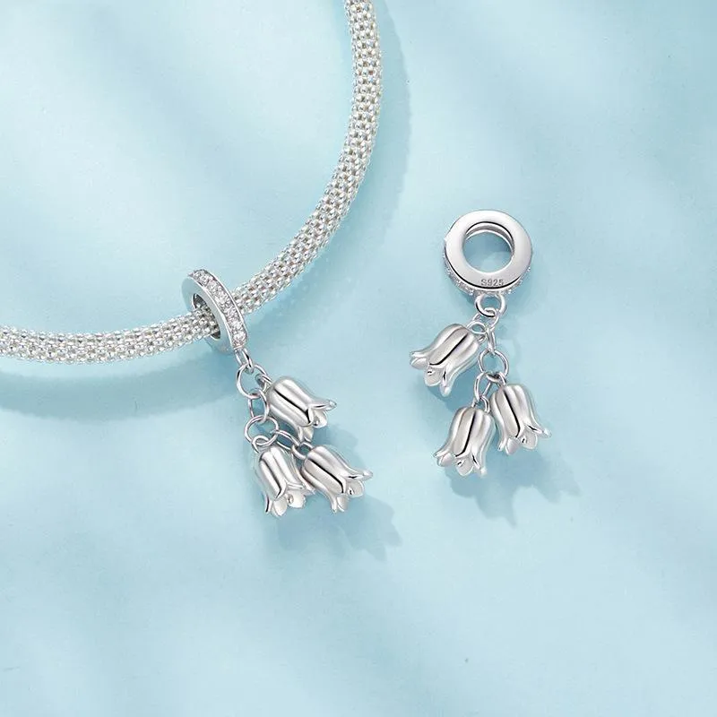 925 Sterling Silver Platinum Plated Lily Of The Valley Bracelet Pendant