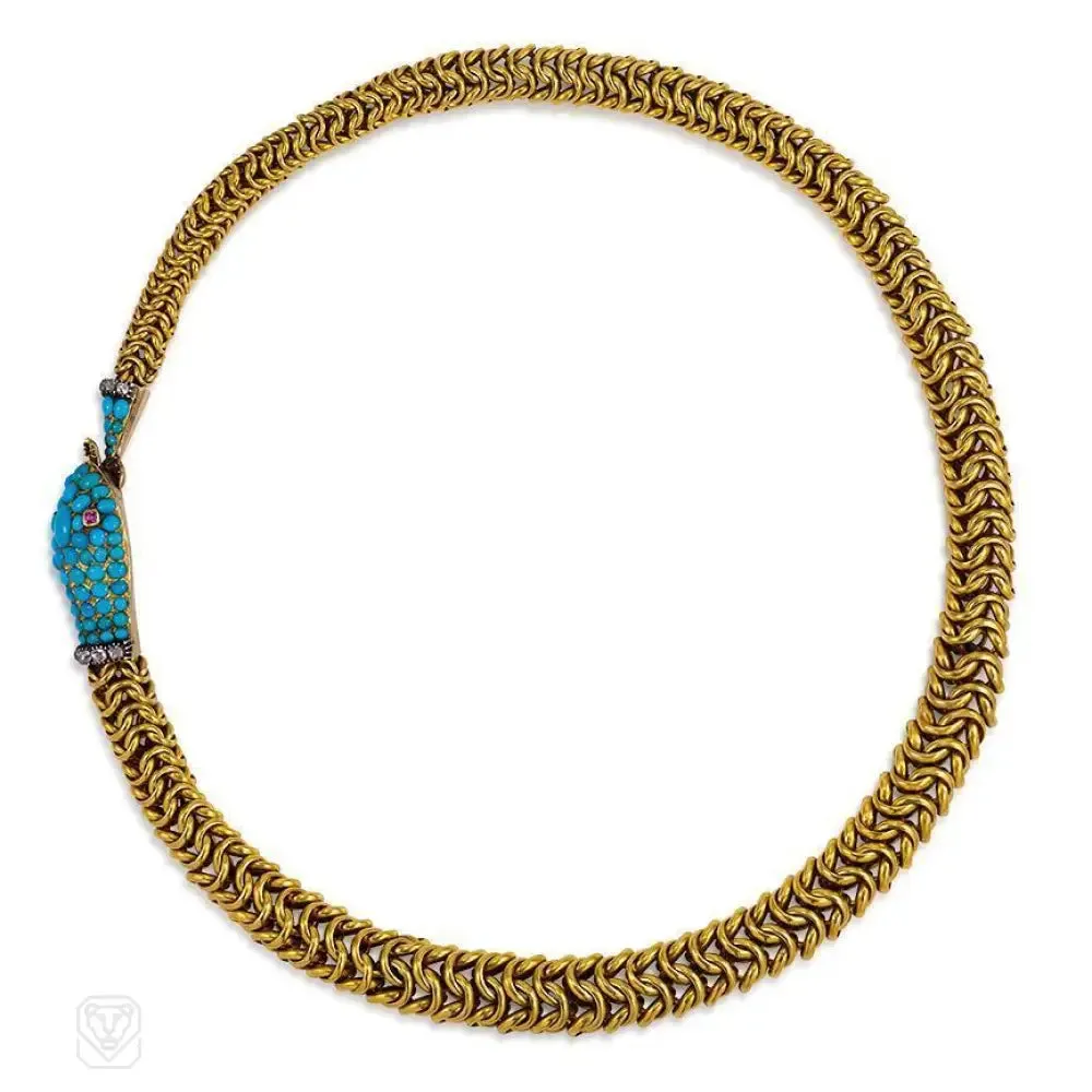 Antique gold gemset Ouroboros snake necklace