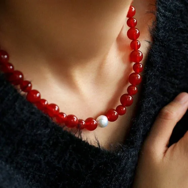 Baroque Pearl Red  Agate Necklace