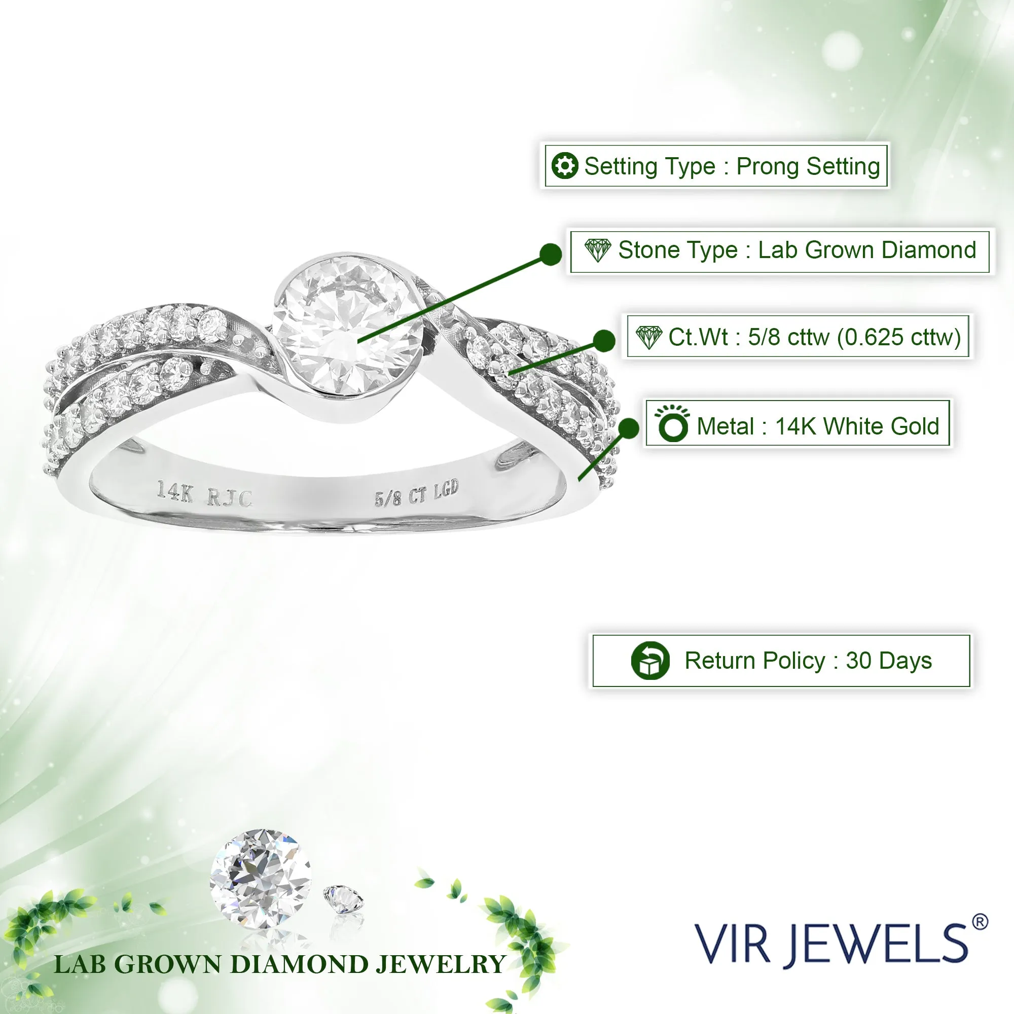 Bezel Solitaire Lab Grown Diamond Engagement Rings 14K White Gold