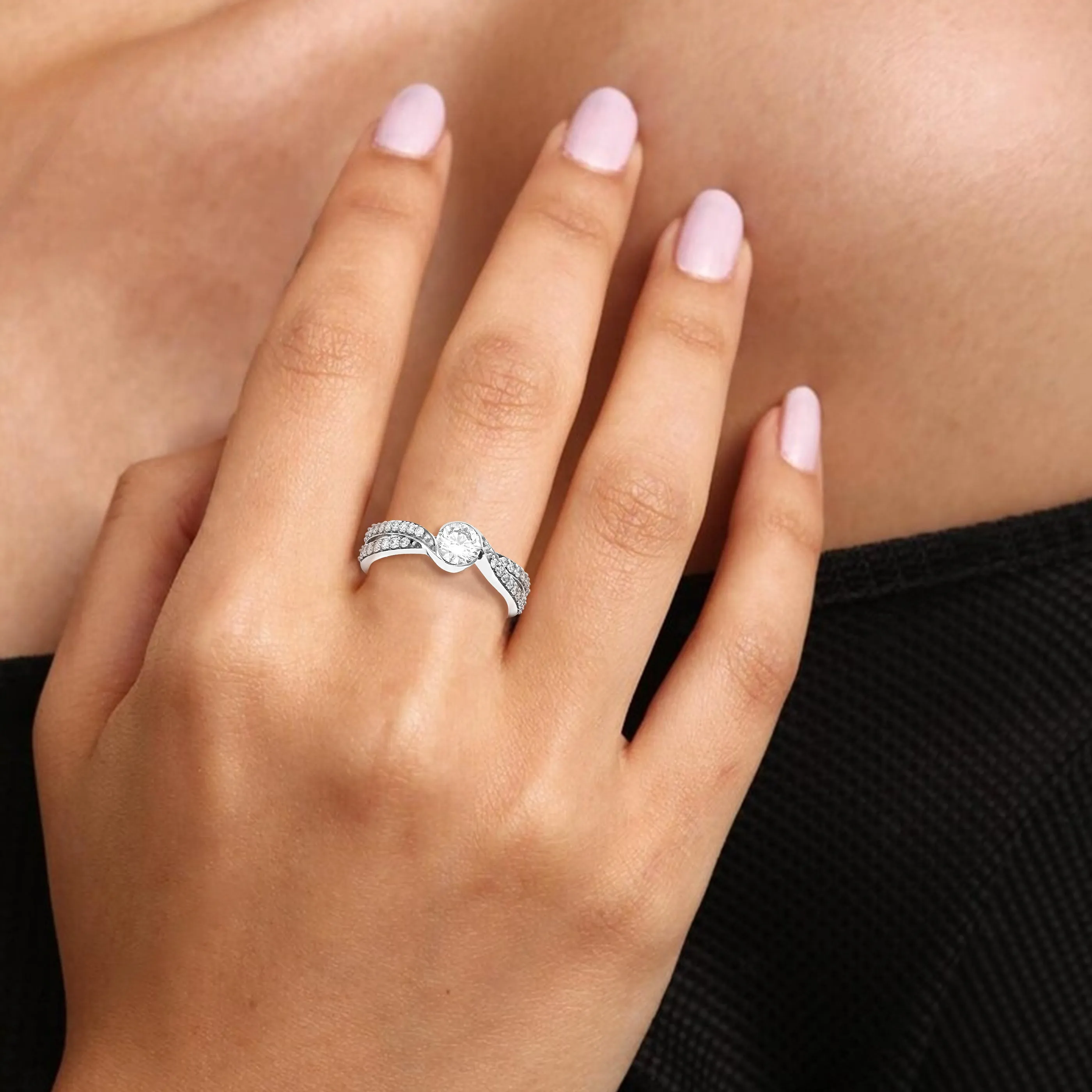 Bezel Solitaire Lab Grown Diamond Engagement Rings 14K White Gold