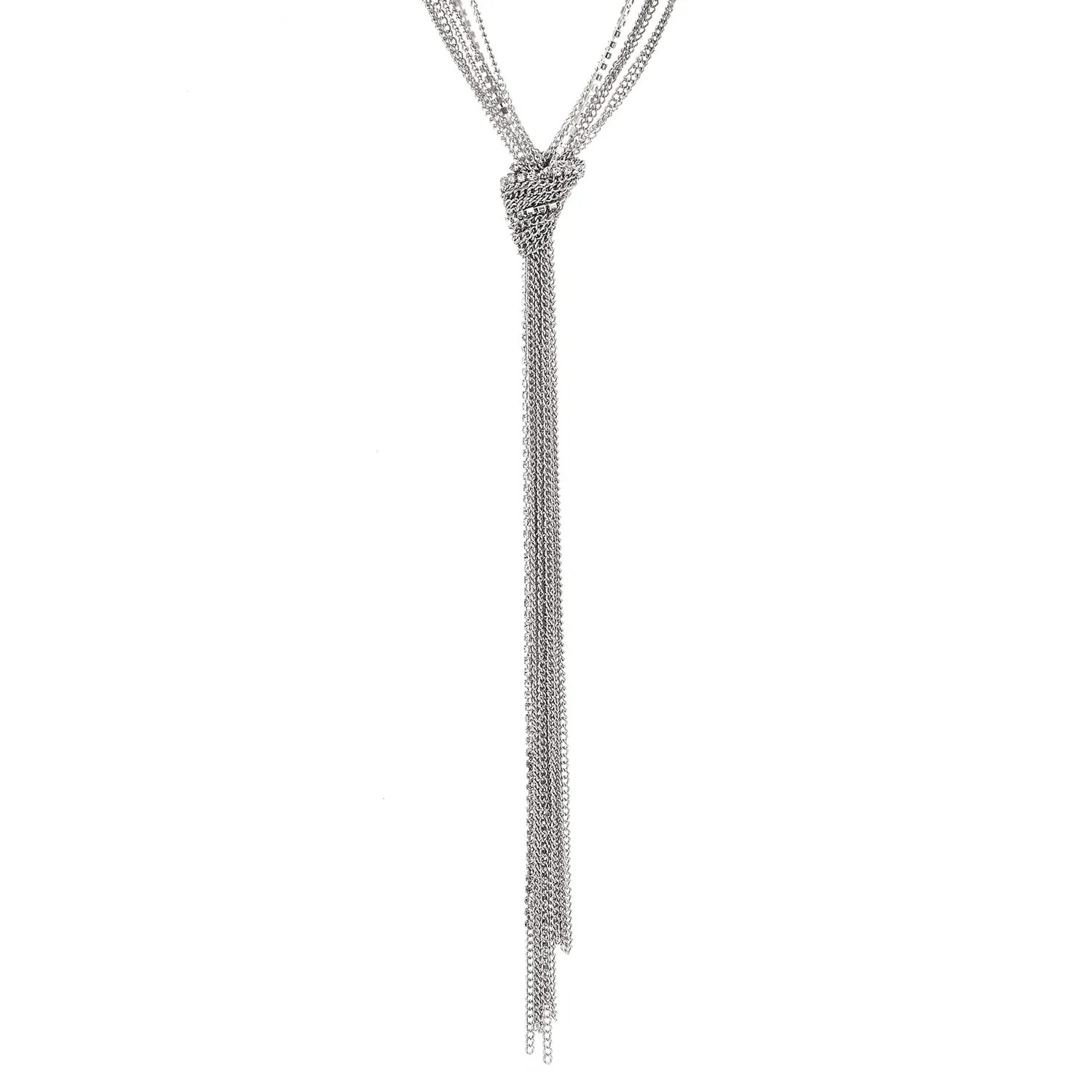 Chic Silver Lariat Necklace Tassel Pendant with Rhinestones, Multi-strand Long Chains Y-Shape