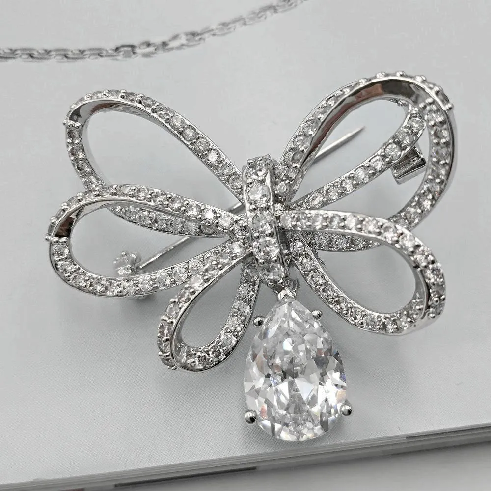 Classic Silver Tone Micro Pave CZ Triple Loop Ribbon Bow Brooches with Pear Drop