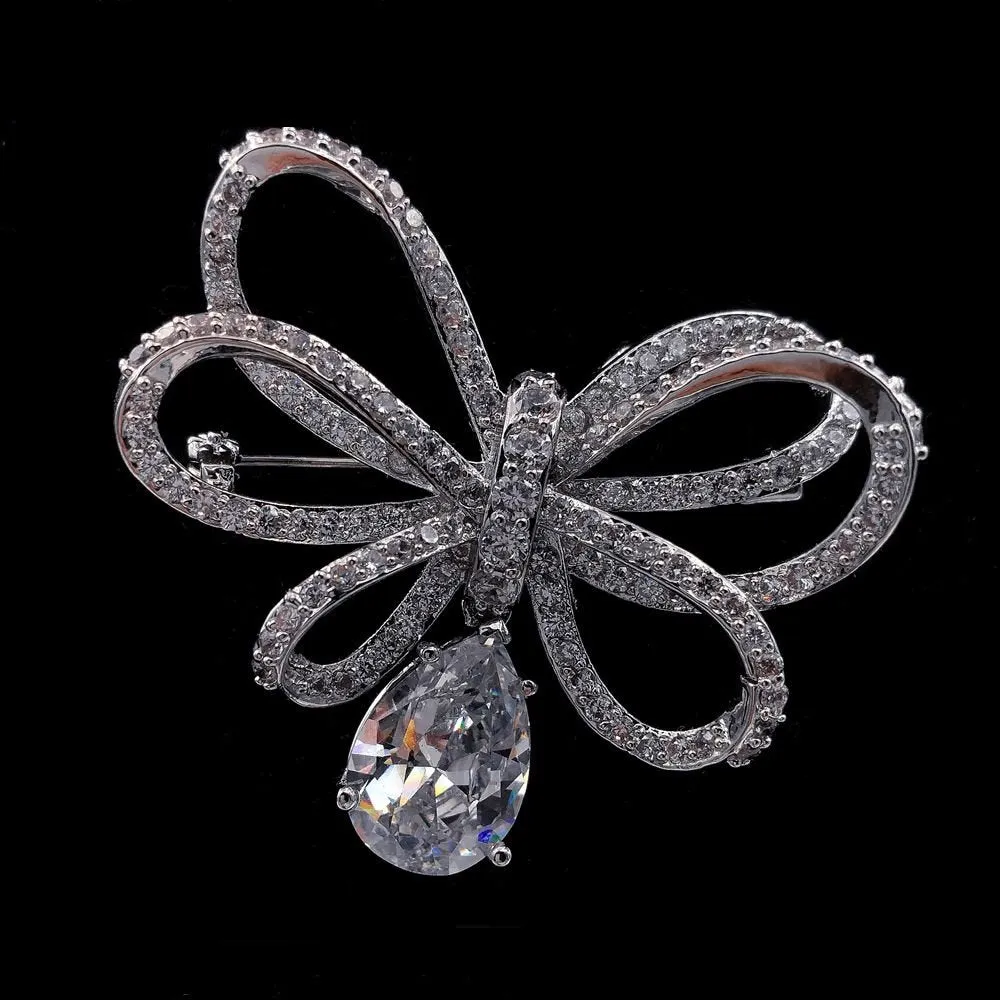 Classic Silver Tone Micro Pave CZ Triple Loop Ribbon Bow Brooches with Pear Drop
