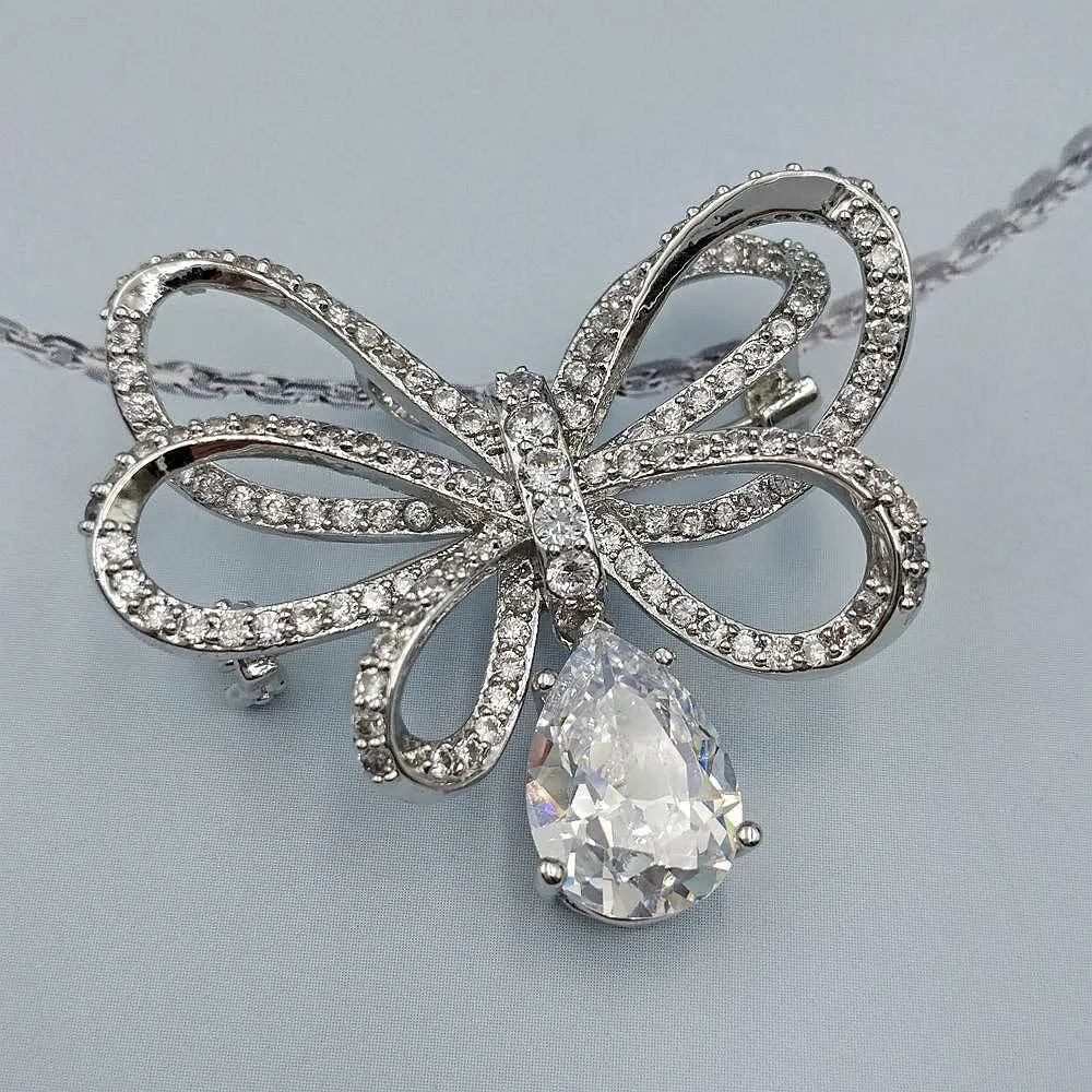 Classic Silver Tone Micro Pave CZ Triple Loop Ribbon Bow Brooches with Pear Drop
