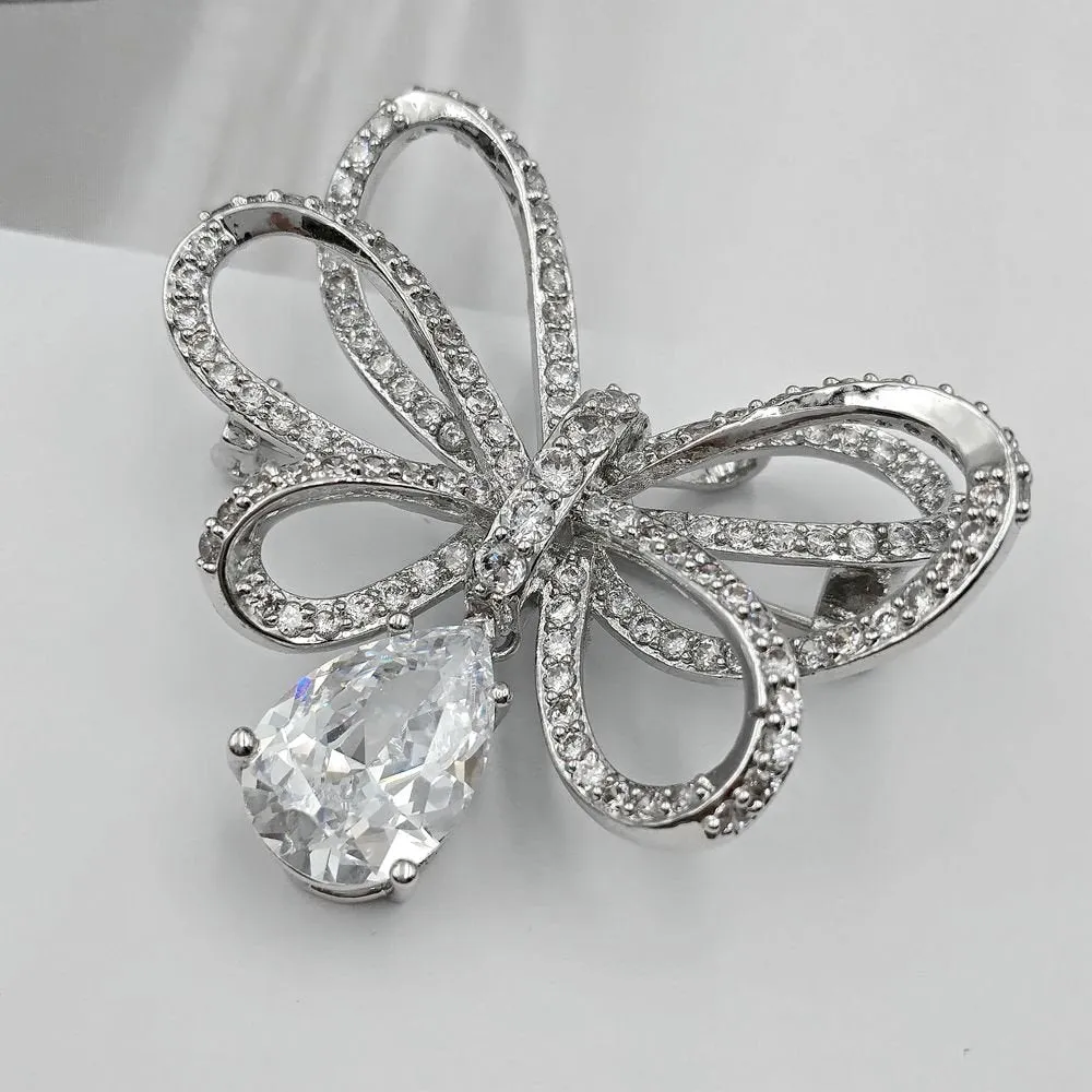 Classic Silver Tone Micro Pave CZ Triple Loop Ribbon Bow Brooches with Pear Drop