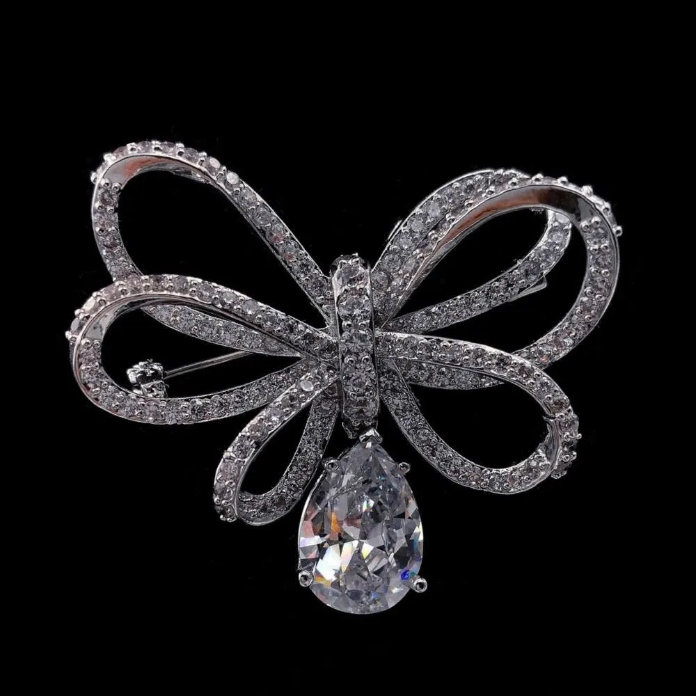 Classic Silver Tone Micro Pave CZ Triple Loop Ribbon Bow Brooches with Pear Drop