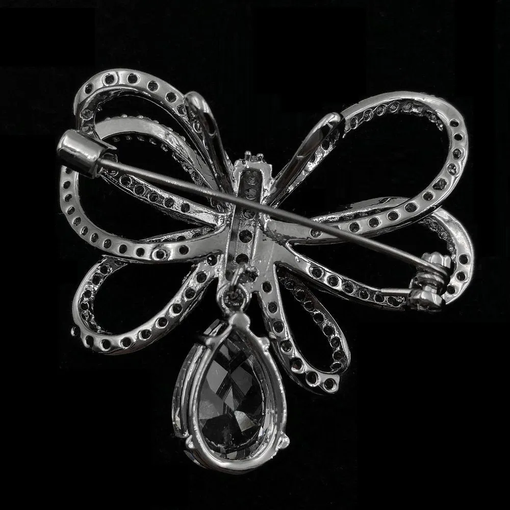 Classic Silver Tone Micro Pave CZ Triple Loop Ribbon Bow Brooches with Pear Drop