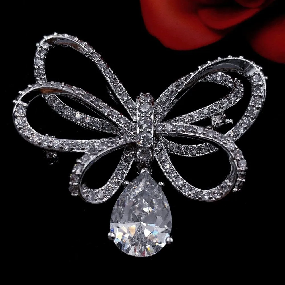 Classic Silver Tone Micro Pave CZ Triple Loop Ribbon Bow Brooches with Pear Drop