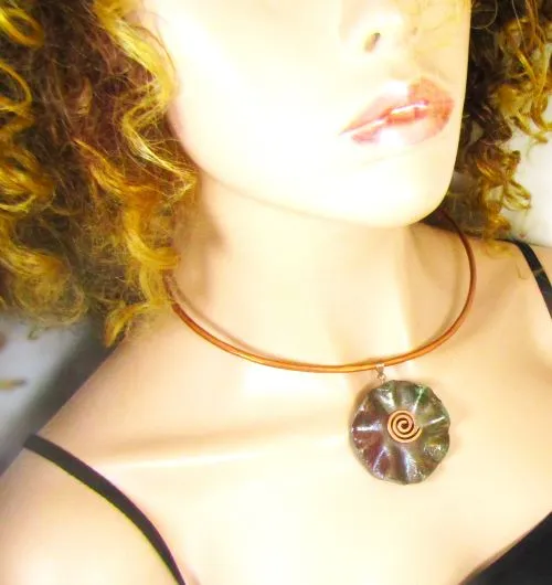 Copper Choker Handmade Rich Brown Raku Pendant