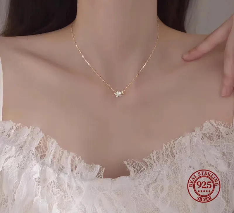 Fashion Crystal Star and Heart 925 Sterling Silver Necklaces for Women 18k Gold Plated Chain Jewelry Accessories